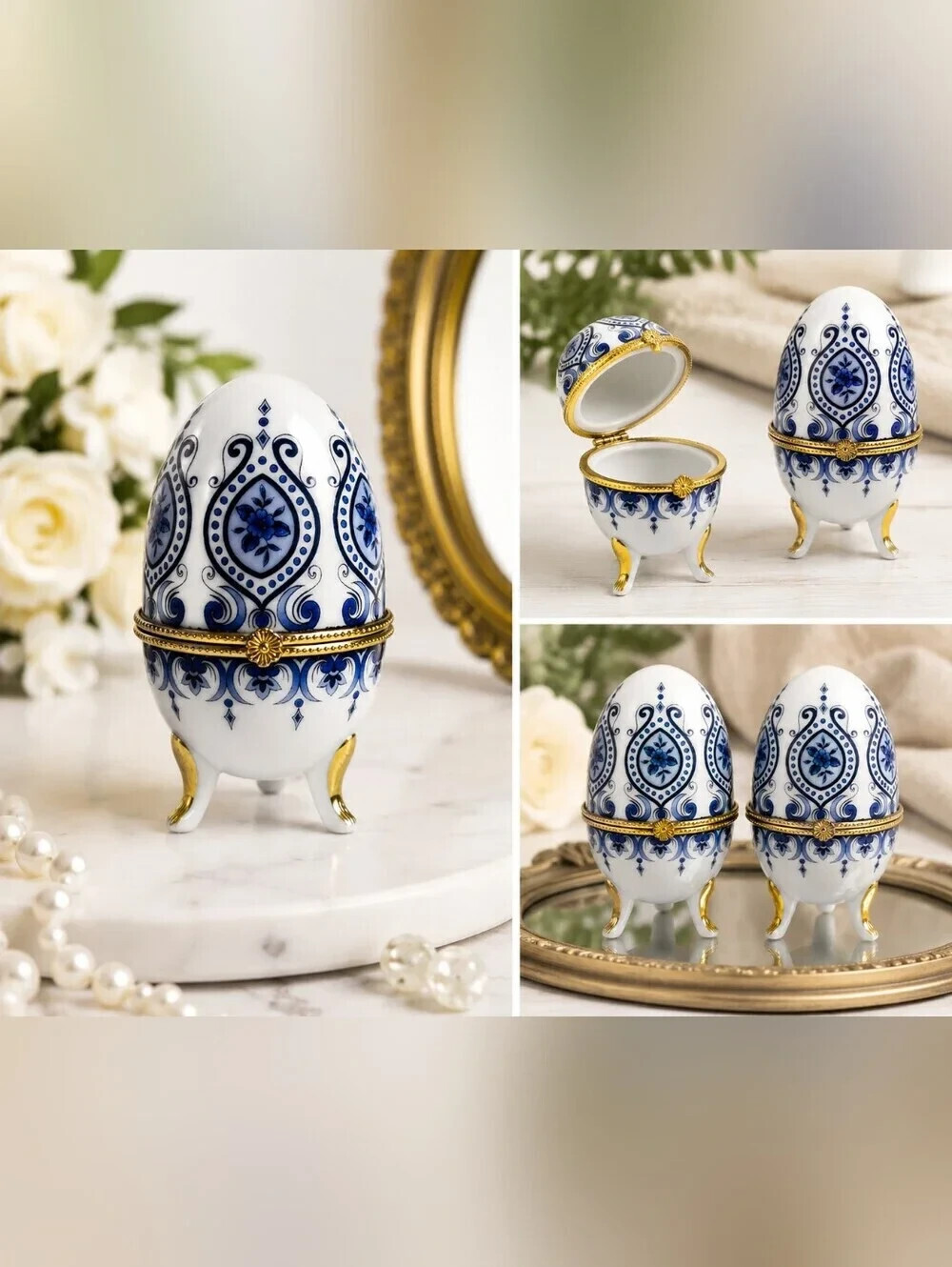 Vintage Porcelain Eggs Trinket Box Gold Trim Blue & White Hinged Set of 2 NOS